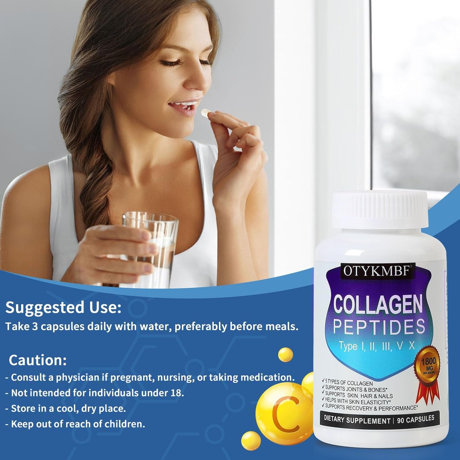 Multi Collagen Peptides Pills 1800Mg, Type I, II, III, V, X - Hydrolyzed Premium Collagen Complex Supports Skin, Joints, Hair & Nails, Hydrolyzed Protein for Women Men, 90 Capsules