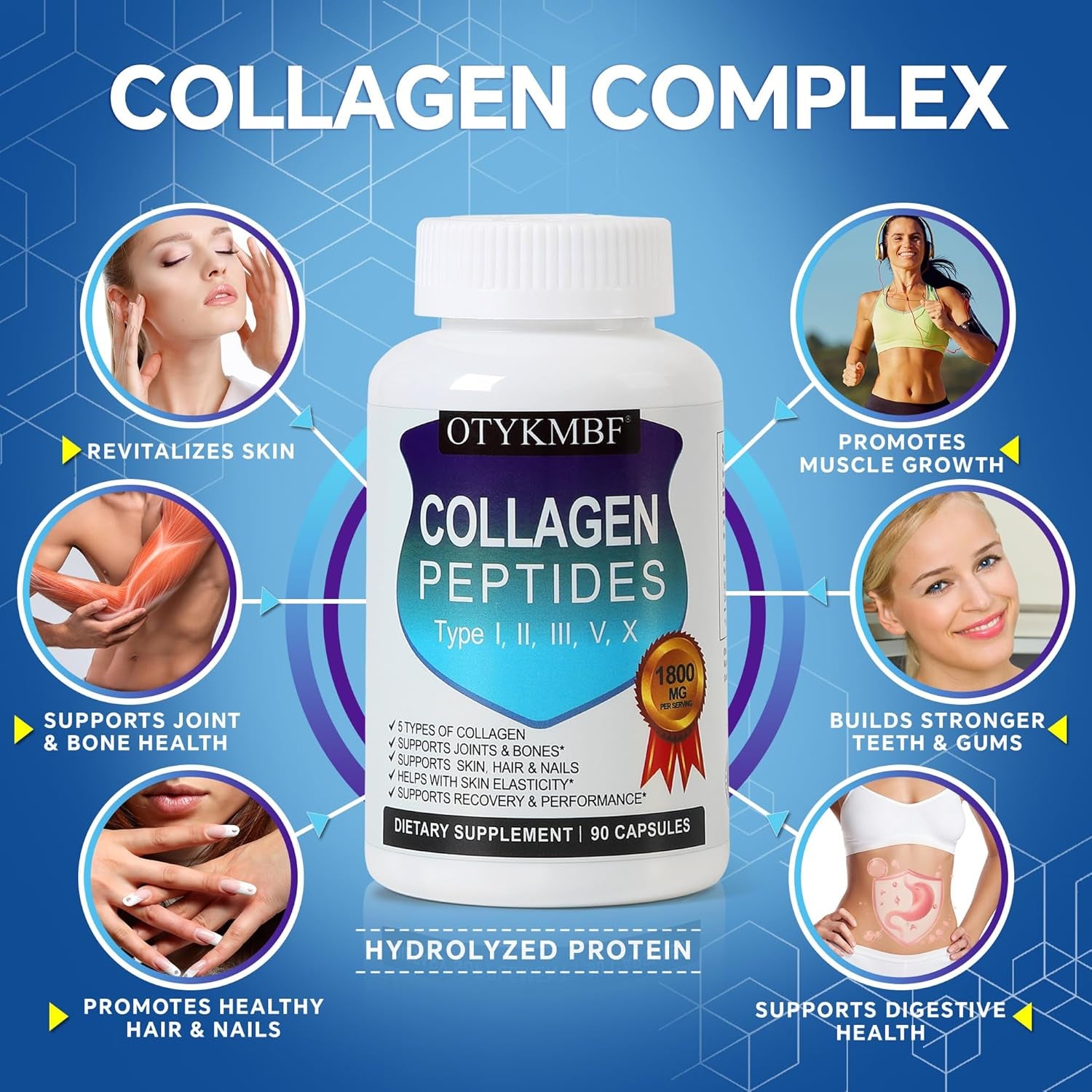 Multi Collagen Peptides Pills 1800Mg, Type I, II, III, V, X - Hydrolyzed Premium Collagen Complex Supports Skin, Joints, Hair & Nails, Hydrolyzed Protein for Women Men, 90 Capsules