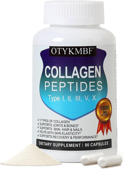 Multi Collagen Peptides Pills 1800Mg, Type I, II, III, V, X - Hydrolyzed Premium Collagen Complex Supports Skin, Joints, Hair & Nails, Hydrolyzed Protein for Women Men, 90 Capsules