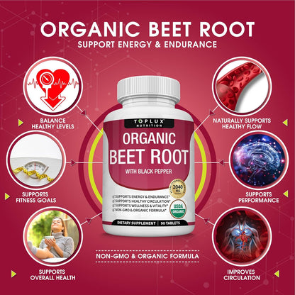 Organic Beet Root Powder Tablets - 2040Mg Natural Nitric Oxide Beets to Support, Energy, Black Pepper Better Absorption, Non-Gmo, for Men Women, 90 Tablets